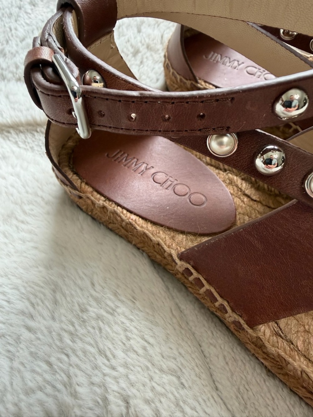 NEW! $625 Jimmy Choo Denise Brown Leather Strap Studded Espadrille Sandals 5.5 - Picture 2 of 8